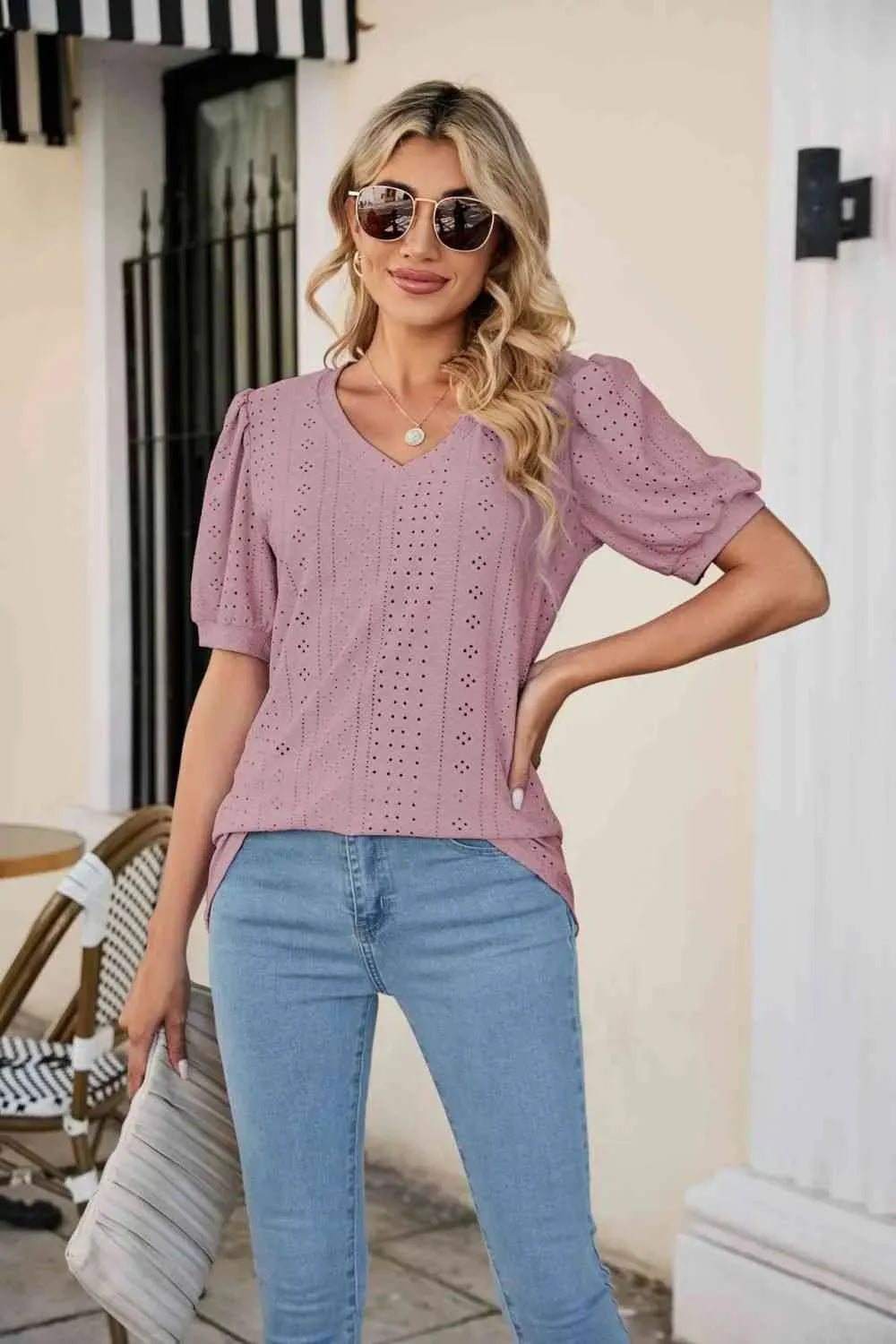 Eyelet Puff Sleeve V-Neck Top Moonlit Mauve Blouses - Tophatter Daily Deals