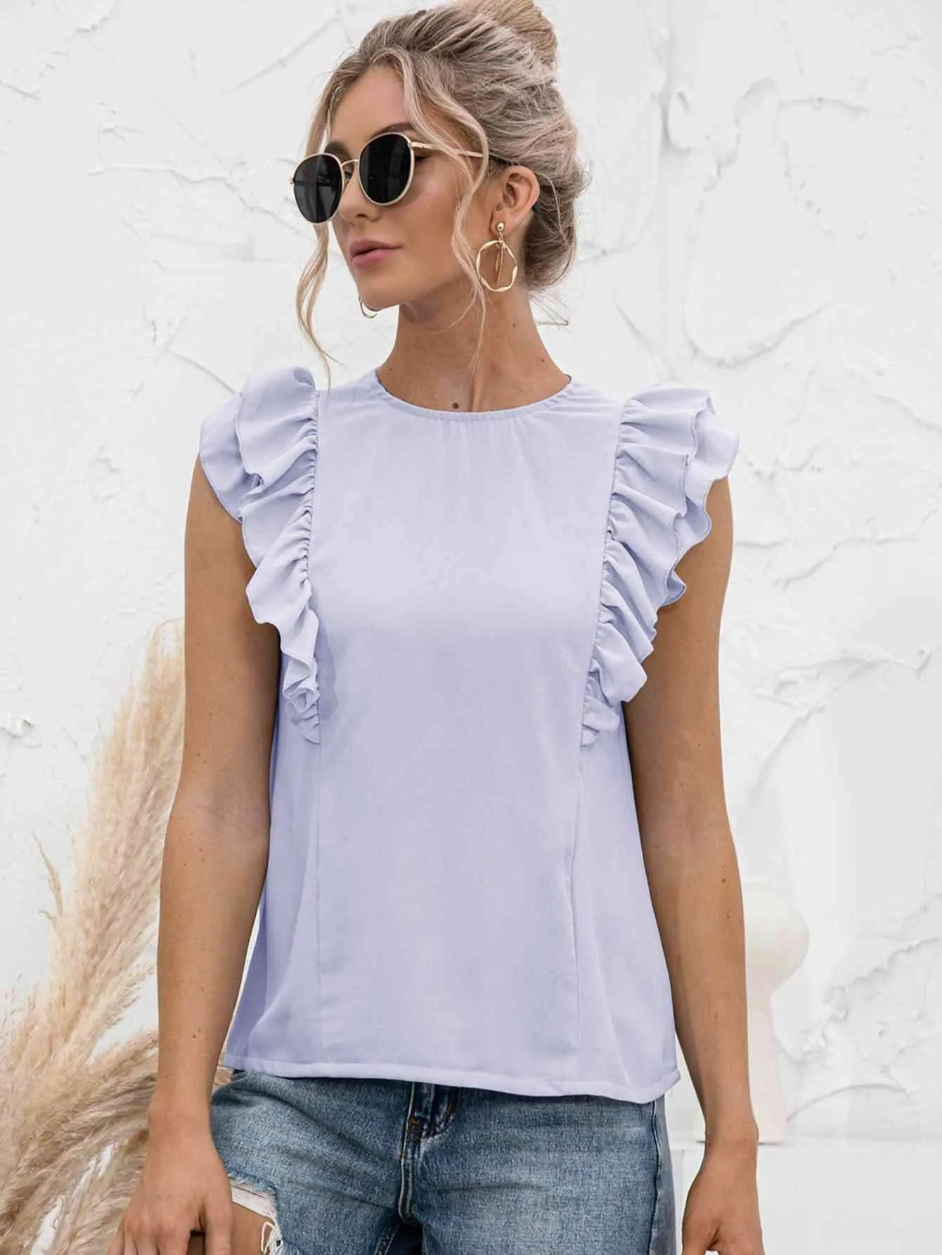 Round Neck Tied Open Back Flutter Sleeve Top Blouses - Tophatter Daily Deals