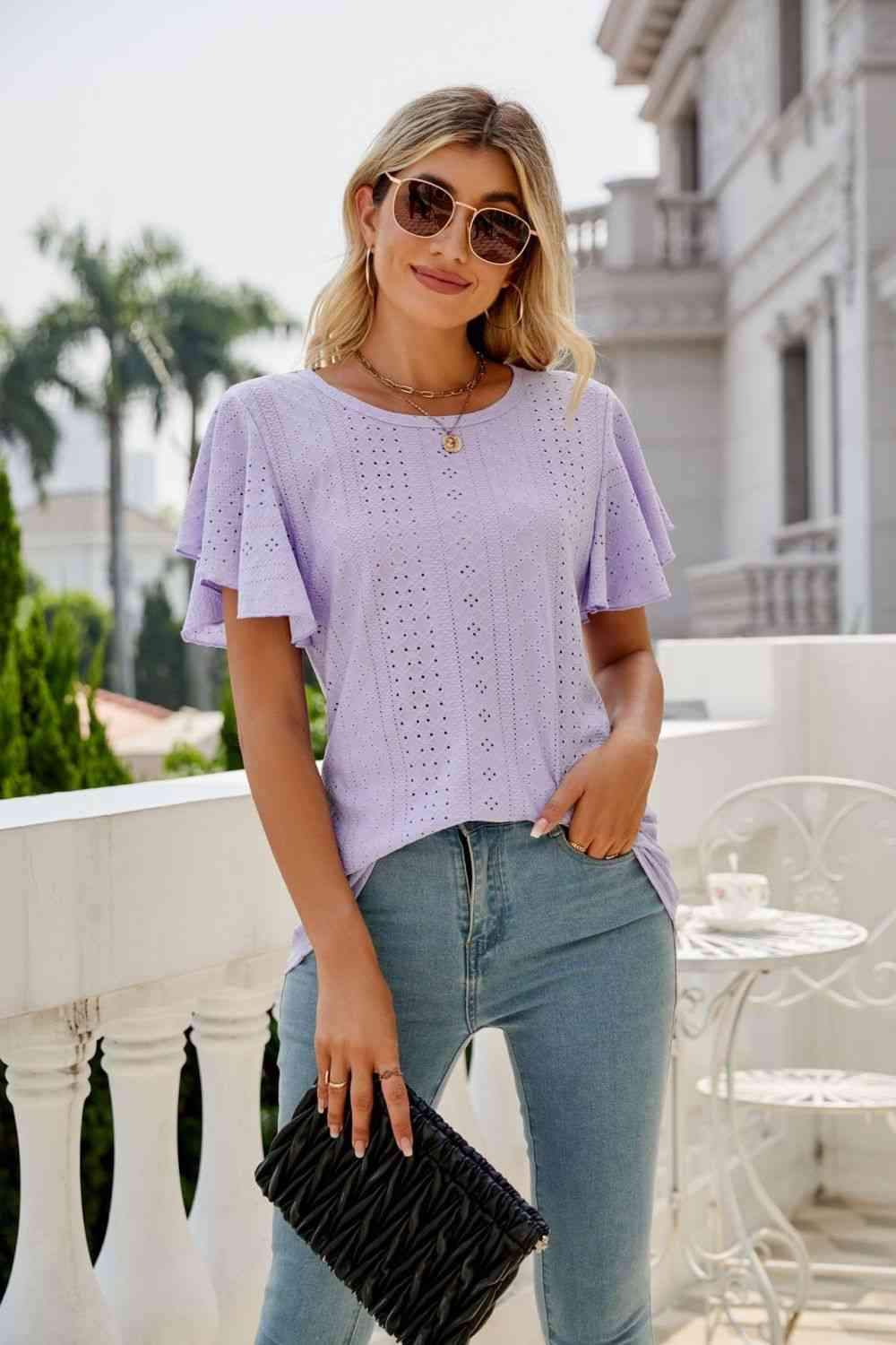 Eyelet Flutter Sleeve Round Neck Top Lilac Blouses - Tophatter Daily Deals