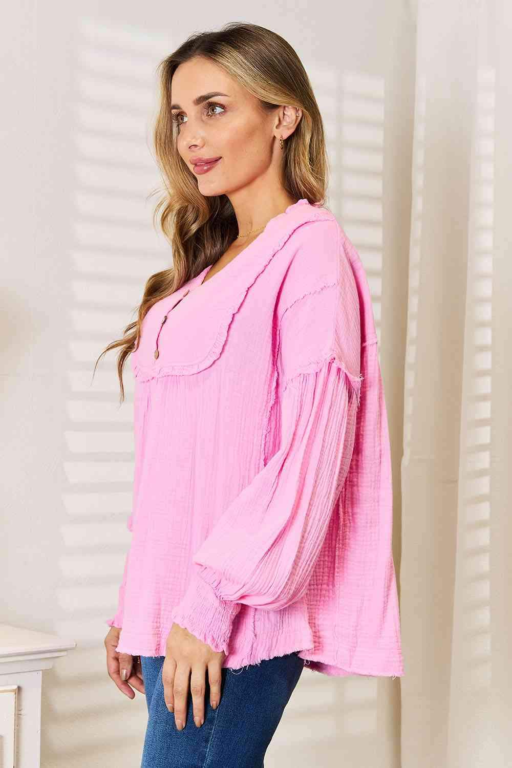 Double Take Exposed Seam Buttoned Notched Neck Blouse Blouses - Tophatter Daily Deals