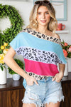 Leopard Print Color Block Tee Shirt Blue Hot Pink Women's T-Shirts - Tophatter Daily Deals