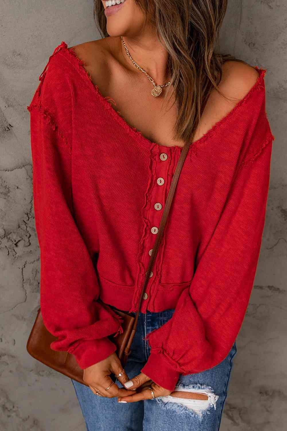 Button Front Frayed Trim Knit Top Red Blouses - Tophatter Daily Deals