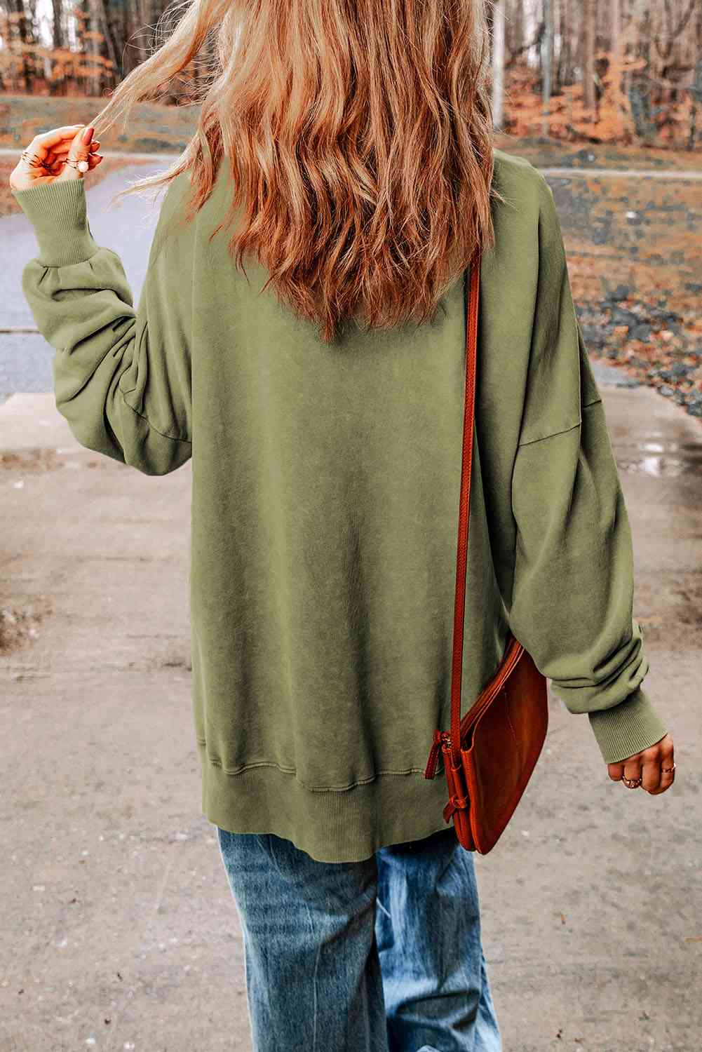 Dropped Shoulder Round Neck Long Sleeve Blouse - Tophatter Deals