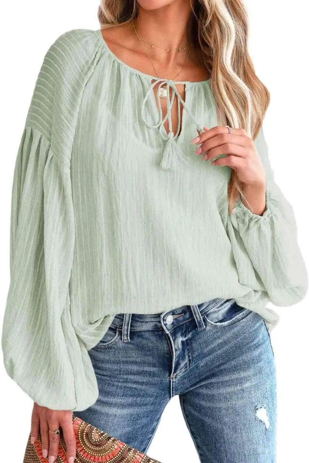 Tie Neck Dropped Shoulder Blouse Gum Leaf Blouses - Tophatter Daily Deals
