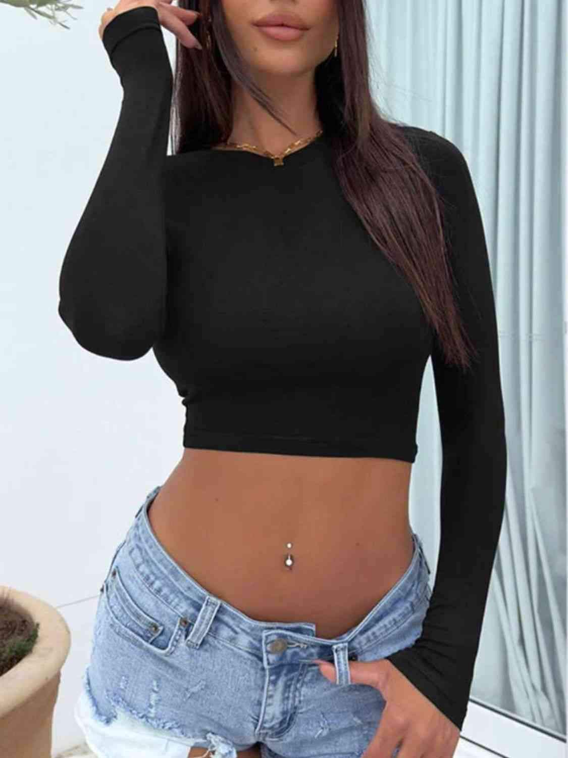 Cropped Round Neck Long Sleeve Top Black Women's T-Shirts - Tophatter Daily Deals