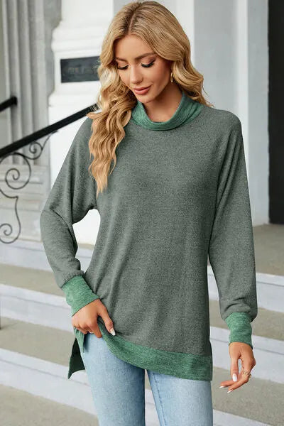 Slit Mock Neck Long Sleeve T-Shirt Matcha Green Women's T-Shirts - Tophatter Daily Deals