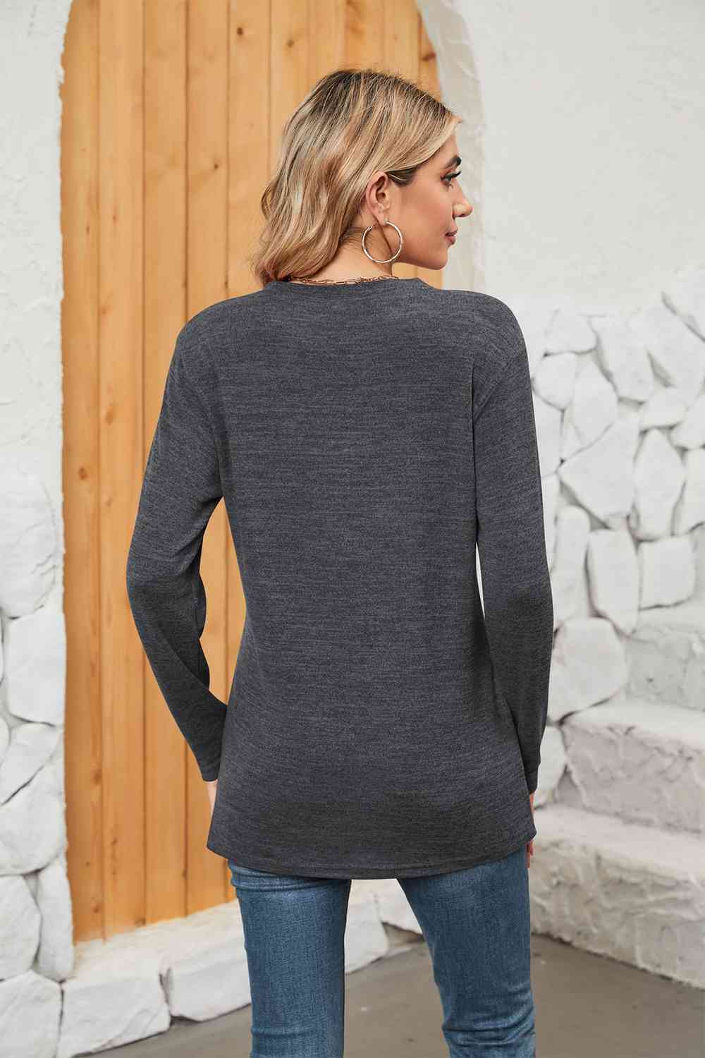 Notched Neck Long Sleeve T-Shirt Women's T-Shirts - Tophatter Daily Deals