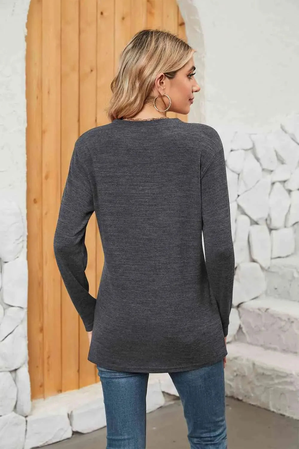Notched Neck Long Sleeve T-Shirt Women's T-Shirts - Tophatter Daily Deals