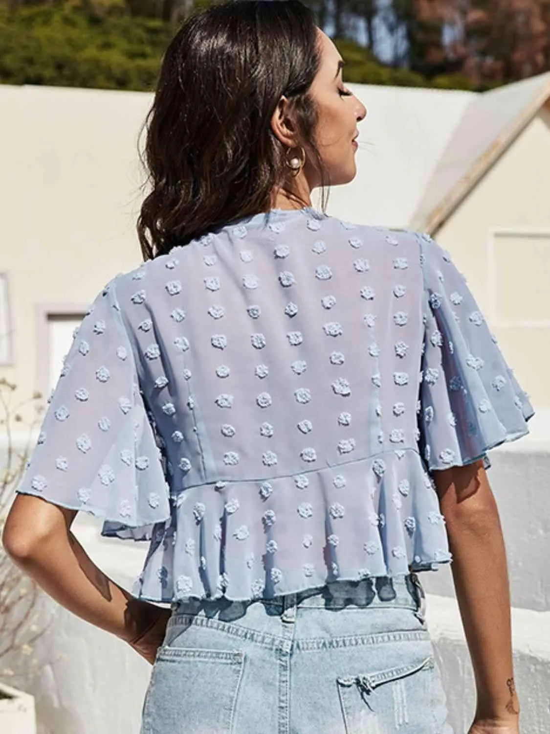 Swiss Dot Tied Flutter Sleeve Cropped Blouse Blouses - Tophatter Daily Deals