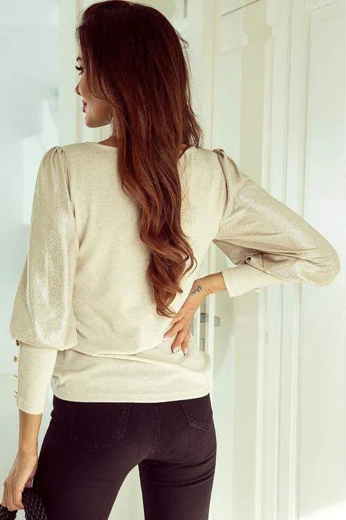 Buttoned Cuffs Shiny Puff Sleeves Top Blouses - Tophatter Daily Deals