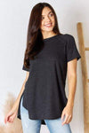 Zenana Waffle Knit Short Sleeve Slit T-Shirt Black Blouses - Tophatter Daily Deals