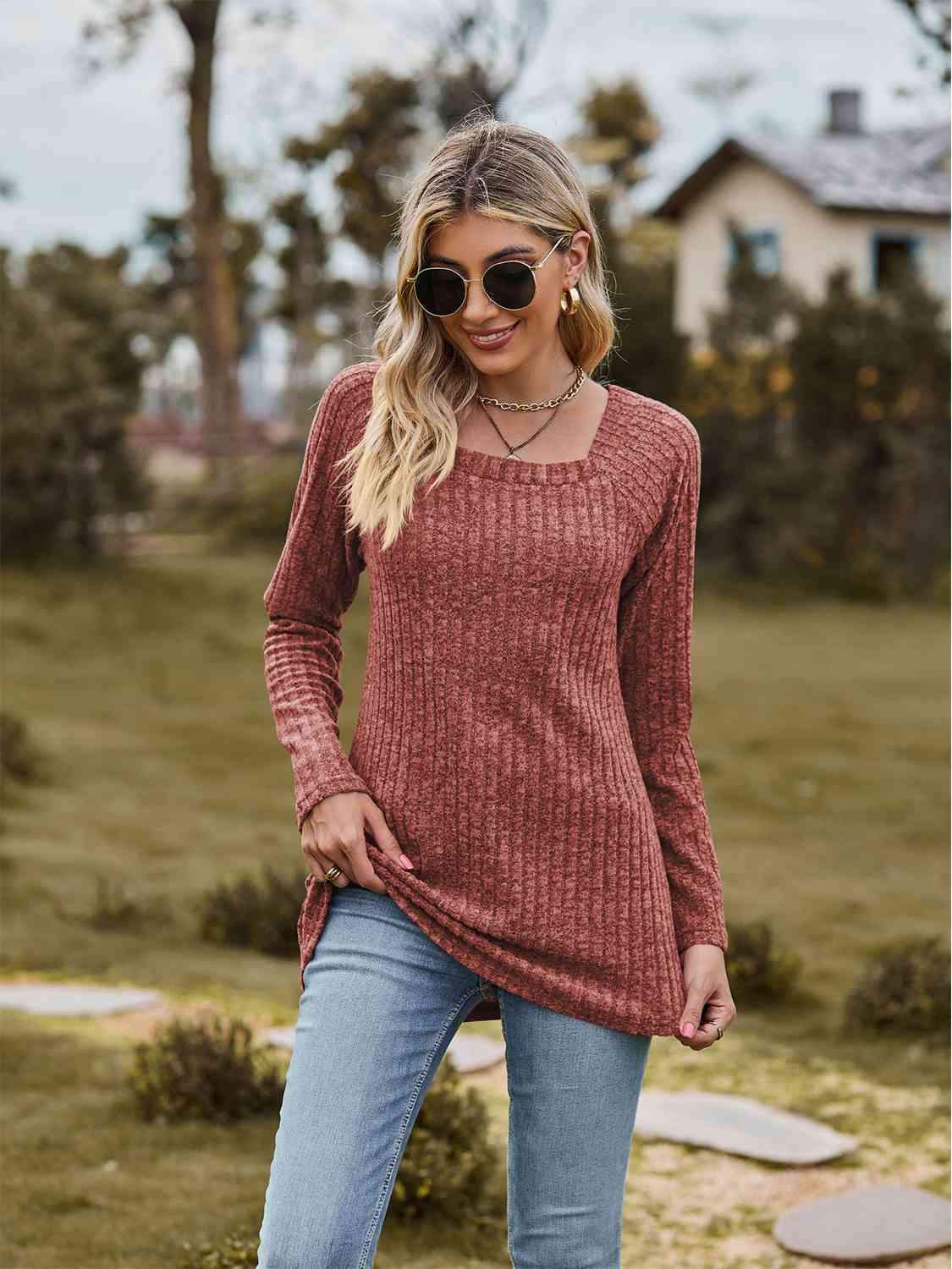 Full Size Ribbed Square Neck Long Sleeve T-Shirt Women's T-Shirts - Tophatter Daily Deals