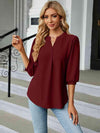 Notched Neck Three-Quarter Sleeve Blouse Wine Women's T-Shirts - Tophatter Daily Deals