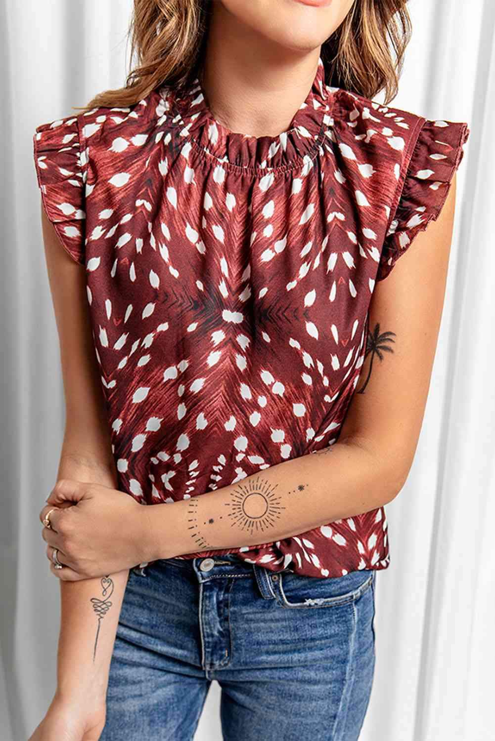 Printed Ruffle Shoulder Blouse Blouses - Tophatter Daily Deals