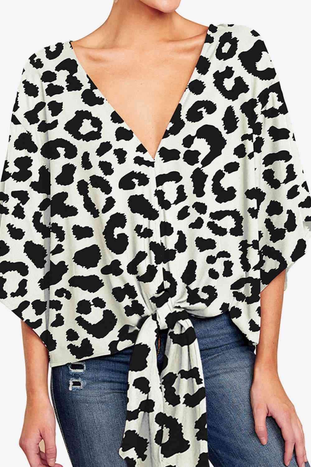 Printed Deep V Tie Hem Blouse Leopard Blouses - Tophatter Daily Deals