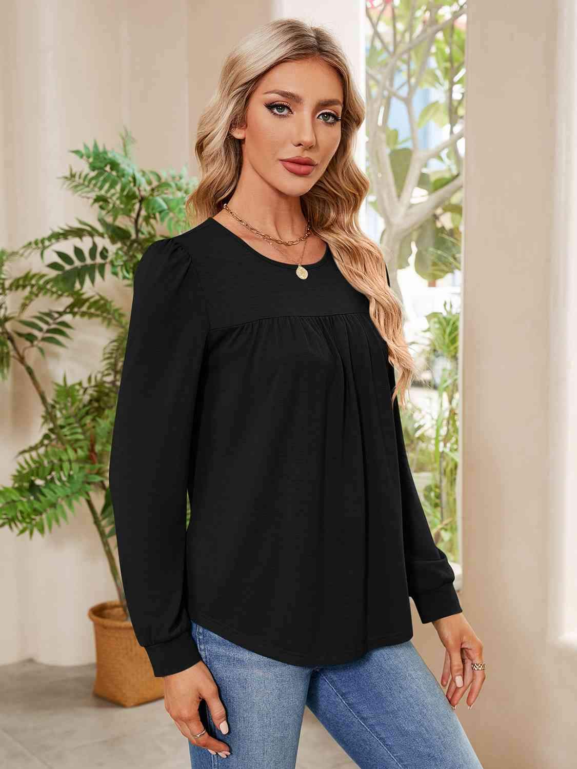 Ruched Round Neck Long Sleeve Blouse Blouses - Tophatter Daily Deals