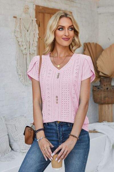 Decorative Button Eyelet V-Neck Short Sleeve T-Shirt Women's T-Shirts - Tophatter Daily Deals