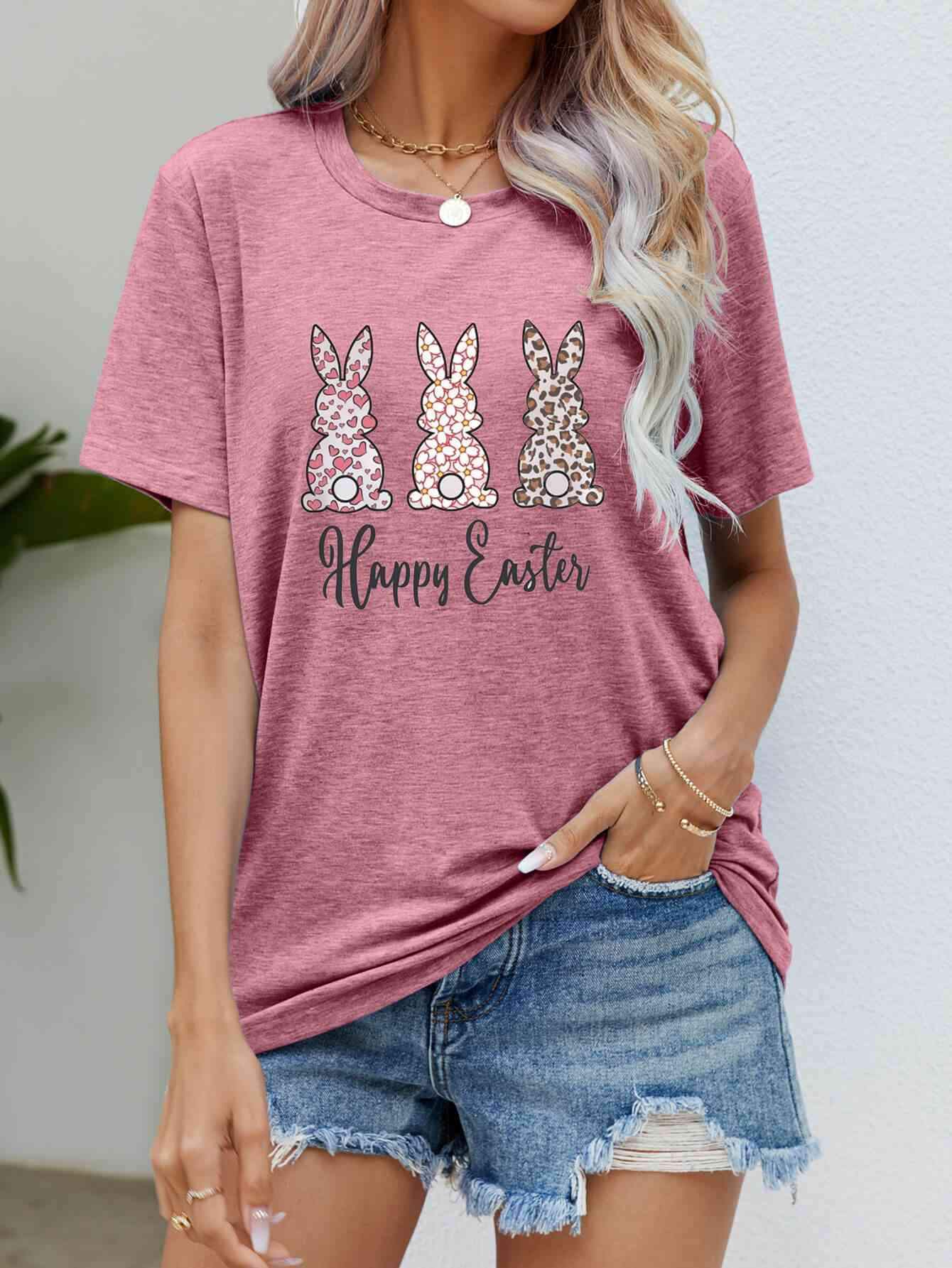 HAPPY EASTER Graphic Short Sleeve Tee Rouge Pink Women's T-Shirts - Tophatter Daily Deals