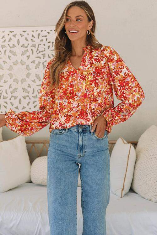 Floral Notched Balloon Sleeve Blouse Pumpkin Blouses - Tophatter Daily Deals