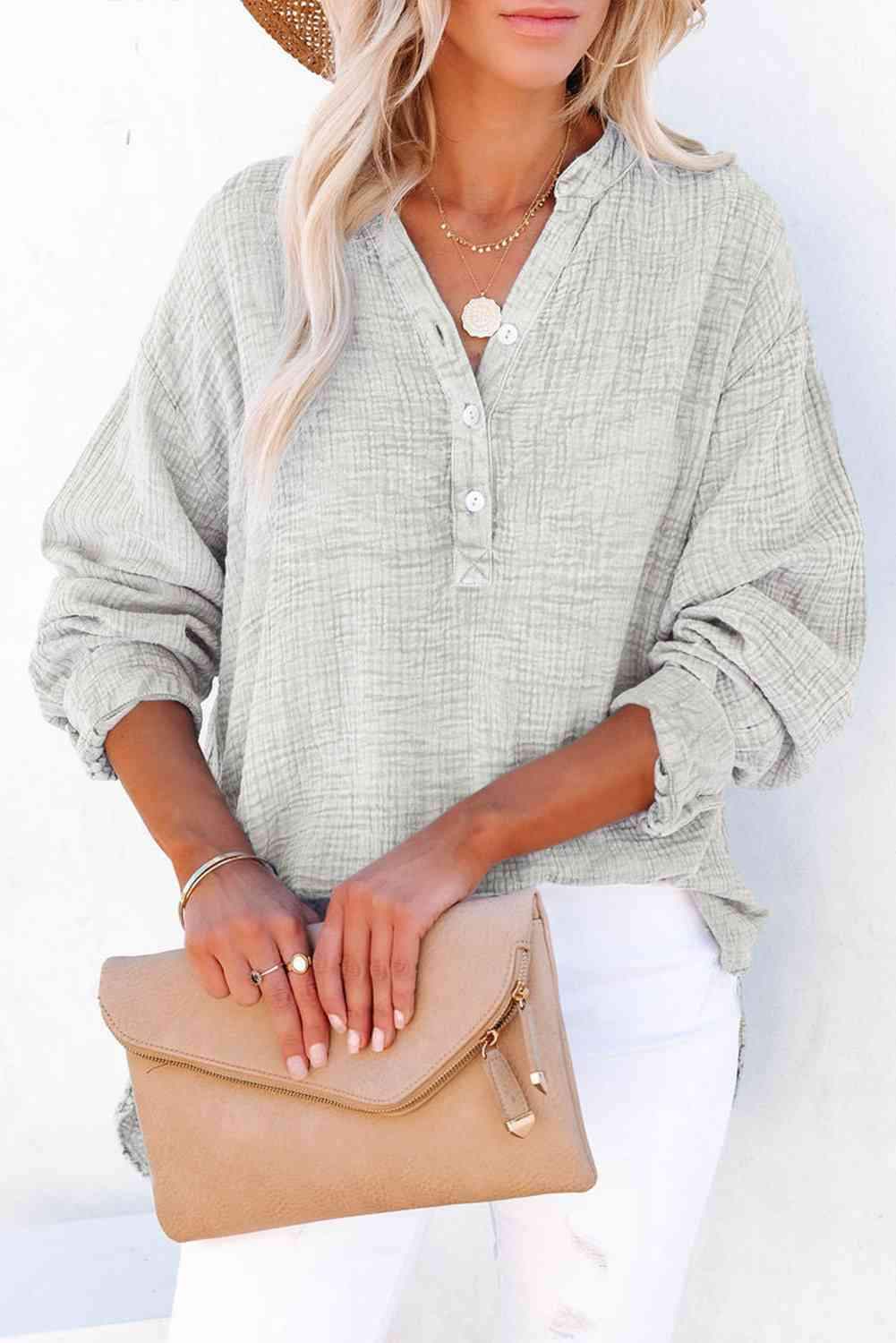 Buttoned Long Sleeve Blouse Blouses - Tophatter Daily Deals