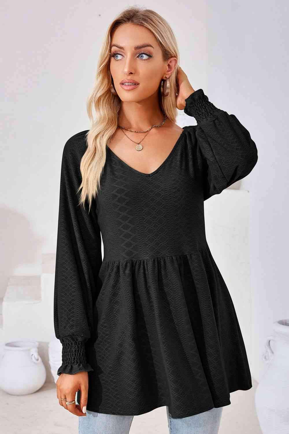 V-Neck Lantern Sleeve Blouse Blouses - Tophatter Daily Deals