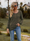 Round Neck Button-Down Long Sleeve Tee Army Green Women's T-Shirts - Tophatter Daily Deals