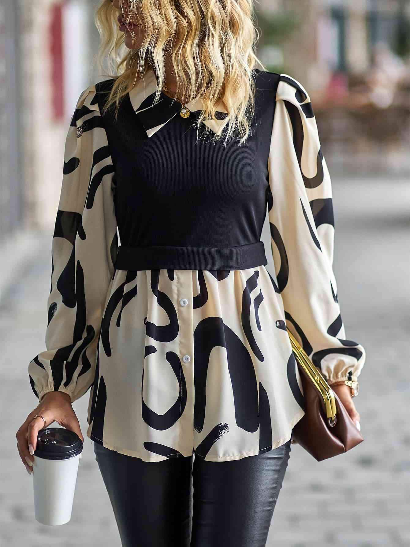 Two-Tone Long Puff Sleeve Blouse Blouses - Tophatter Daily Deals