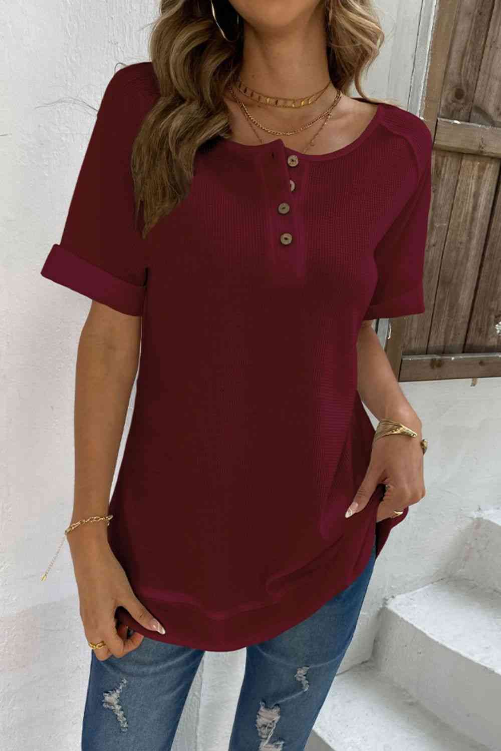 Cuffed Sleeve Henley Top Wine Women's T-Shirts - Tophatter Daily Deals