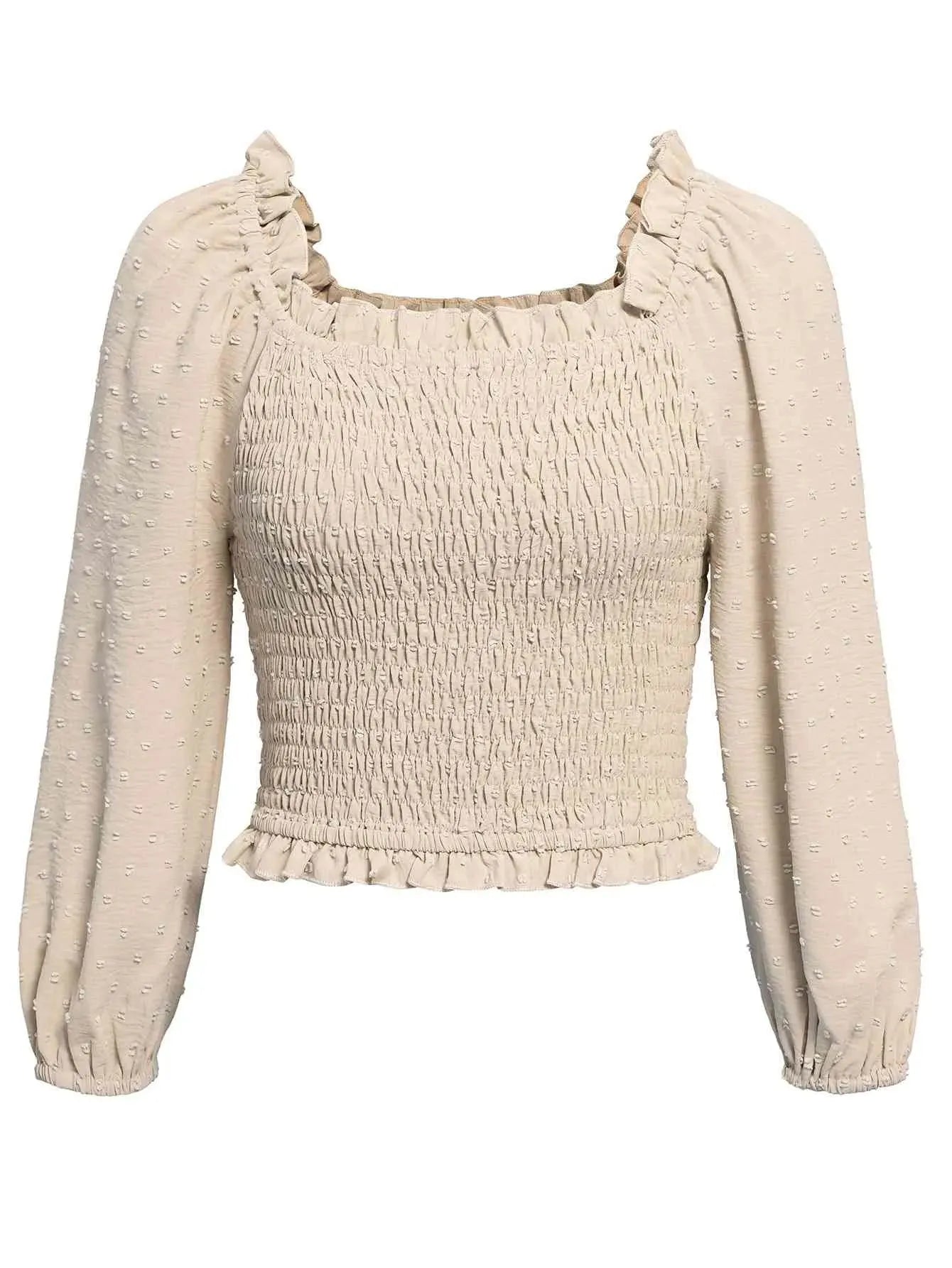 Swiss Dot Smocked Frill Trim Blouse Blouses - Tophatter Daily Deals