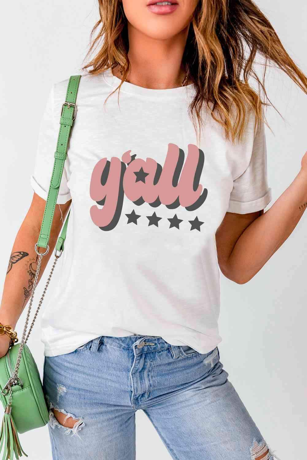 Y'ALL Graphic Round Neck Tee White Women's T-Shirts - Tophatter Daily Deals