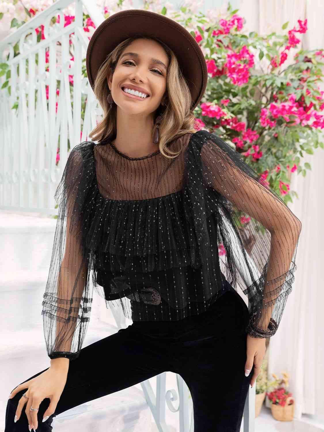 Round Neck Layered Long Sleeve Blouse Blouses - Tophatter Daily Deals