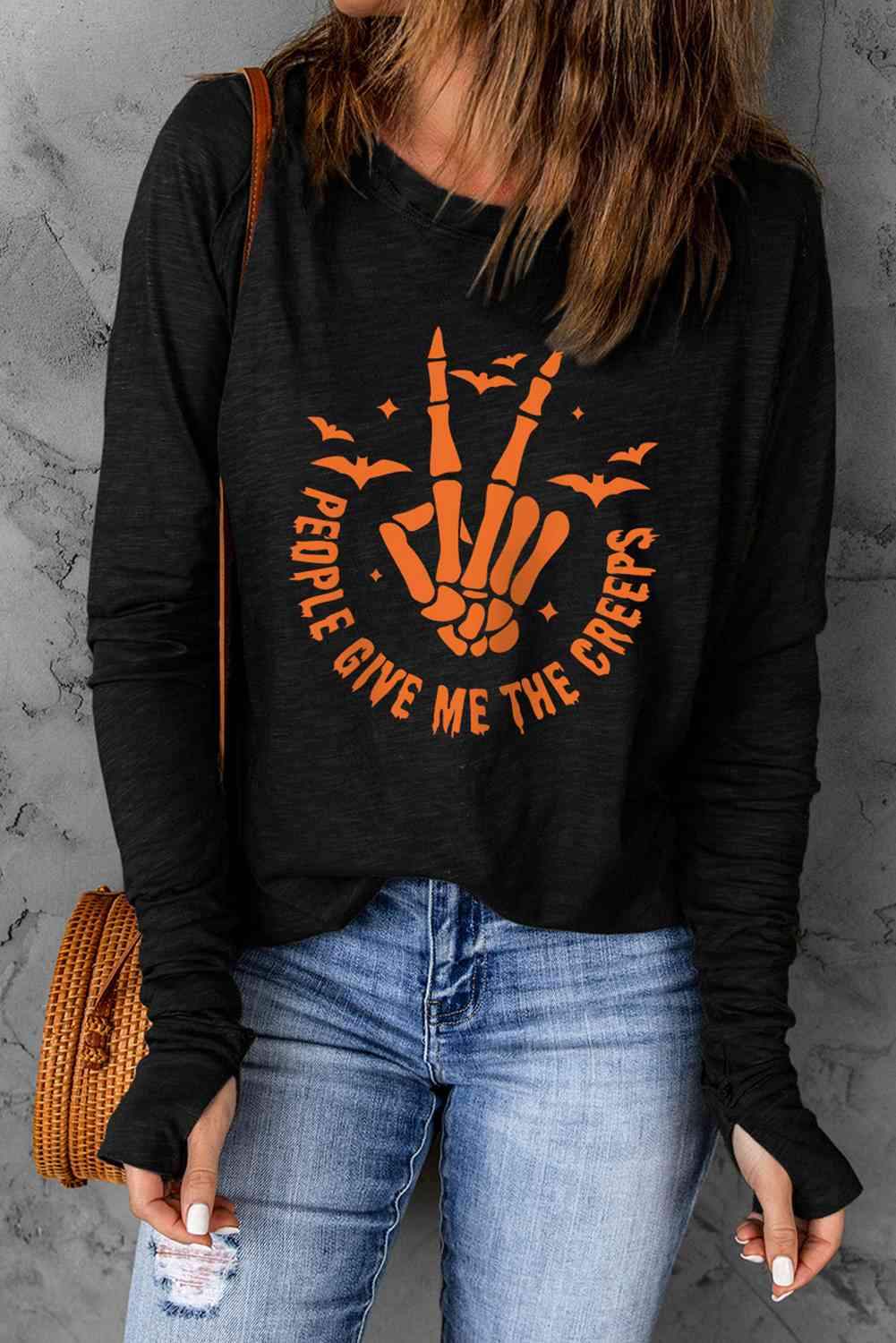 Skeleton Hand Graphic Long Sleeve T-Shirt Women's T-Shirts - Tophatter Daily Deals