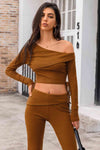 Asymmetrical Neck Ribbed Crop Top Chestnut Women's T-Shirts - Tophatter Daily Deals