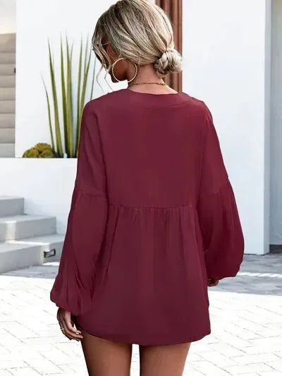 V-Neck Buttoned Balloon Sleeve Blouse Blouses - Tophatter Daily Deals