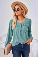 Square Neck Ruched Long Sleeve Blouse Blouses - Tophatter Daily Deals