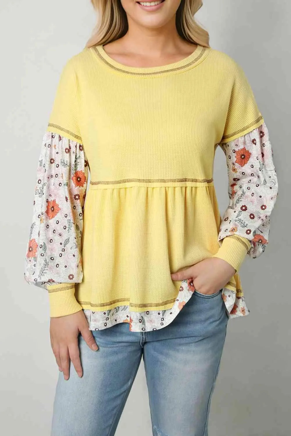 Round Neck Long Sleeve Babydoll Blouse Blouses - Tophatter Daily Deals