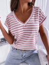 Striped V-Neck Short Sleeve T-Shirt Dusty Pink Women's T-Shirts - Tophatter Daily Deals