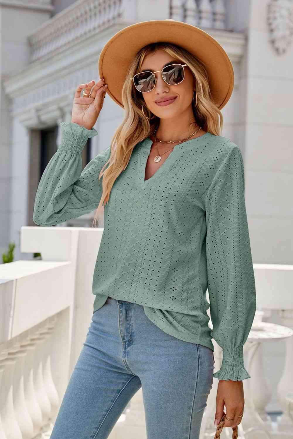 Notched Flounce Sleeve Eyelet Top Green Blouses - Tophatter Daily Deals