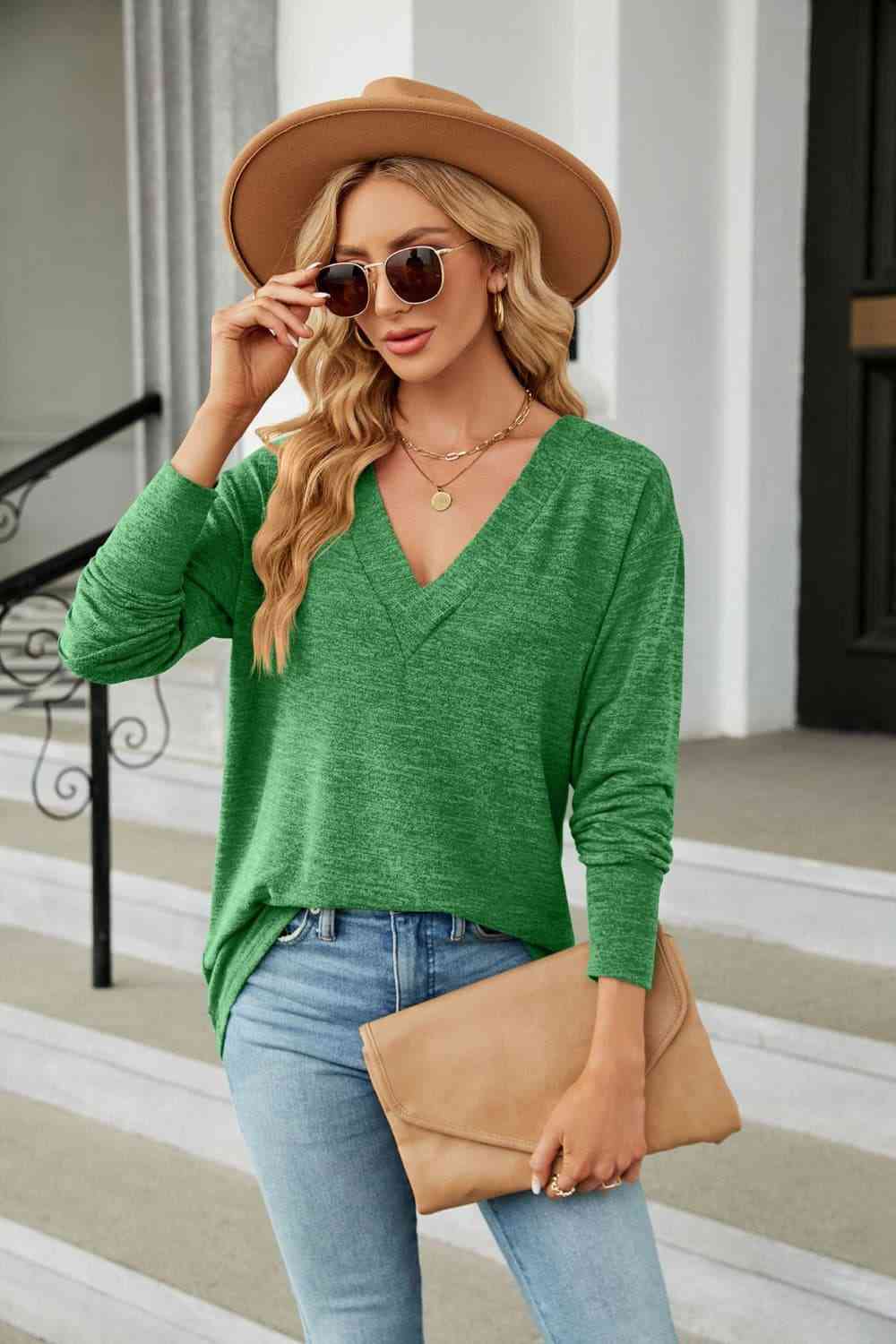 V-Neck Long Sleeve T-Shirt Mid Green Women's T-Shirts - Tophatter Daily Deals