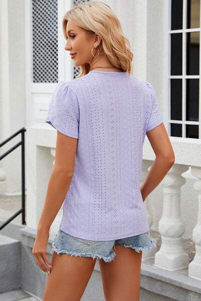 Eyelet V-Neck Petal Sleeve T-Shirt Women's T-Shirts - Tophatter Daily Deals