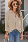 Textured Johnny Collar Three-Quarter Sleeve Blouse Blouses - Tophatter Daily Deals