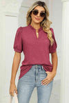 Notched Neck Puff Sleeve T-Shirt Women's T-Shirts - Tophatter Daily Deals