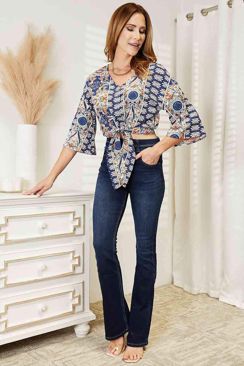 Double Take Tie Hem V-Neck Three-Quarter Sleeve Blouse Blouses - Tophatter Daily Deals