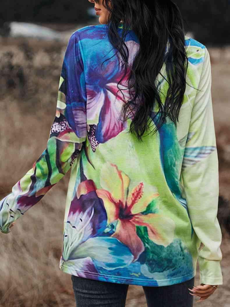 Hummingbird Floral Print Long Sleeve Tee Women's T-Shirts - Tophatter Daily Deals