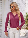 V-Neck Smocked Ruffled Long Sleeve Top Women's T-Shirts - Tophatter Daily Deals