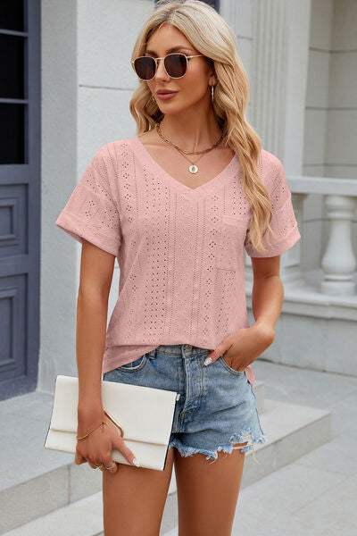 Eyelet V-Neck Short Sleeve T-Shirt Women's T-Shirts - Tophatter Daily Deals