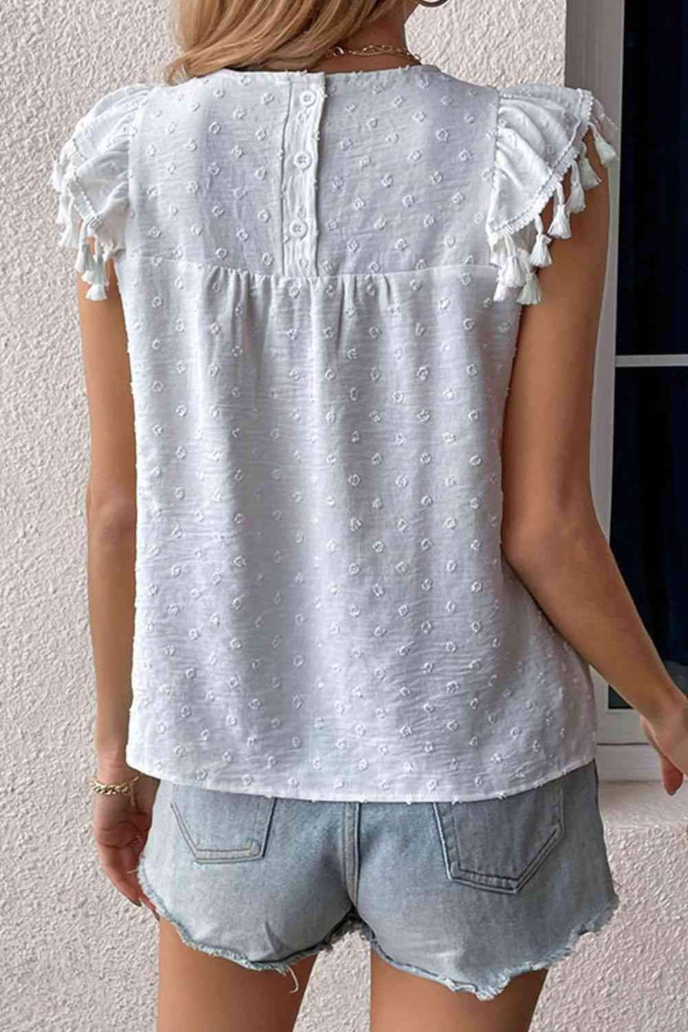 Swiss Dot Tassel Detail Round Neck Blouse Blouses - Tophatter Daily Deals