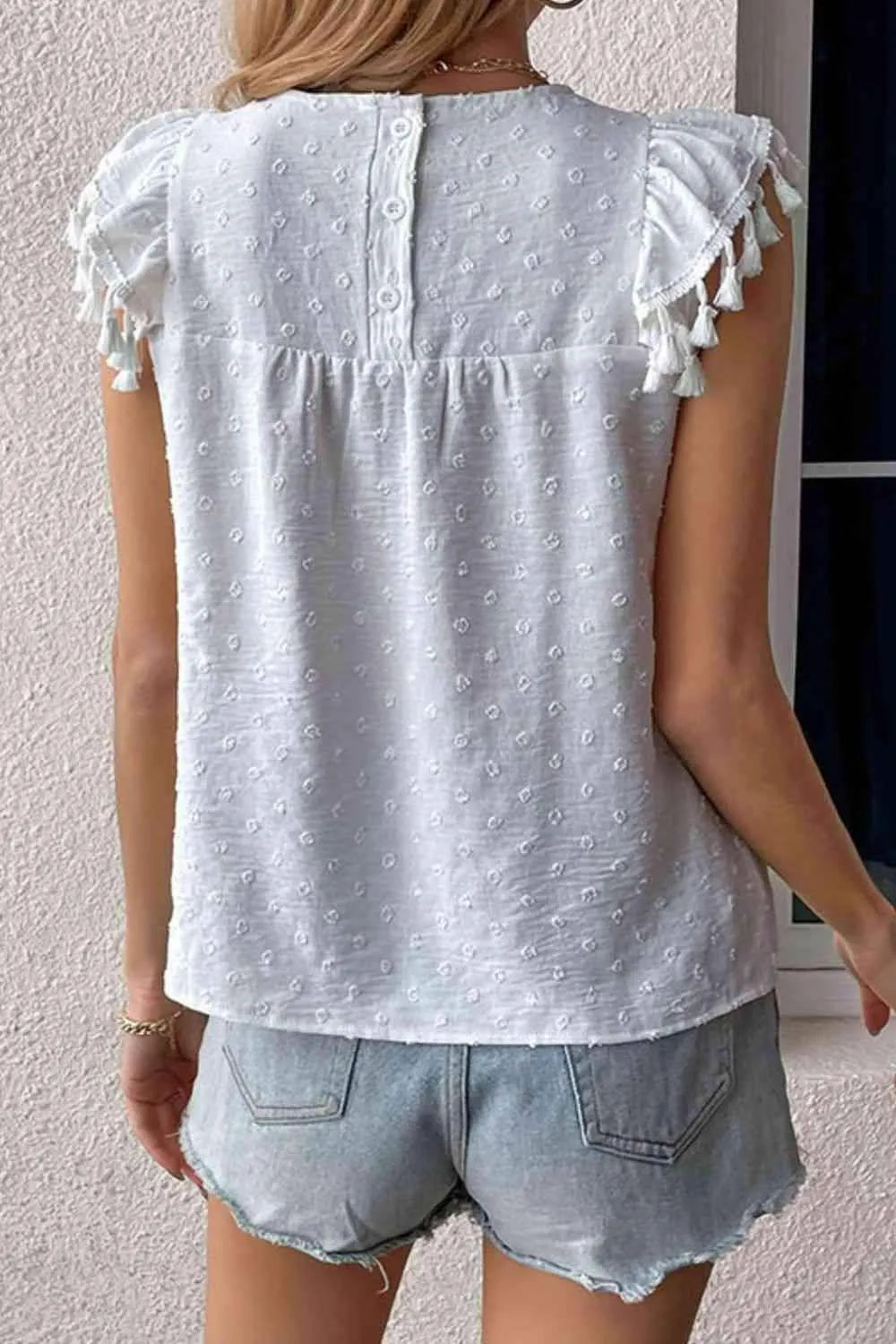 Swiss Dot Tassel Detail Round Neck Blouse Blouses - Tophatter Daily Deals