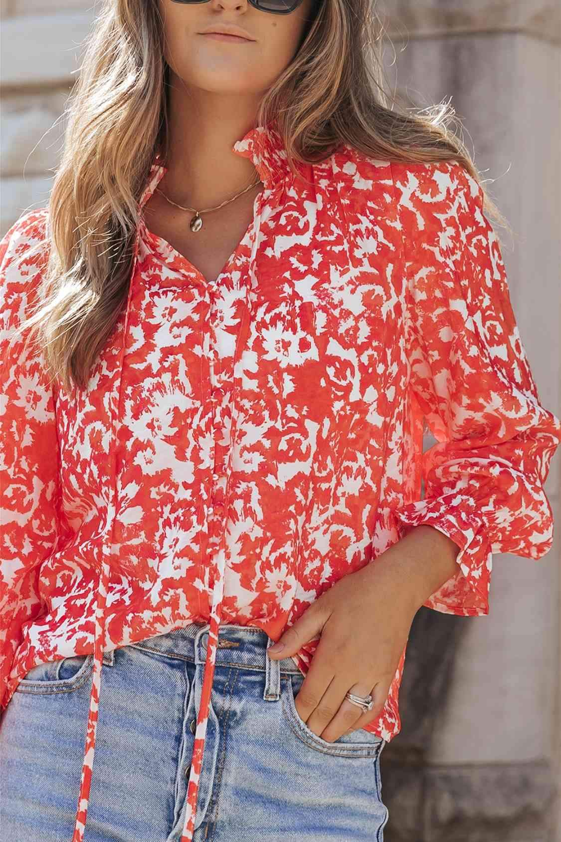 Printed Tie Neck Flounce Sleeve Blouse Blouses - Tophatter Daily Deals