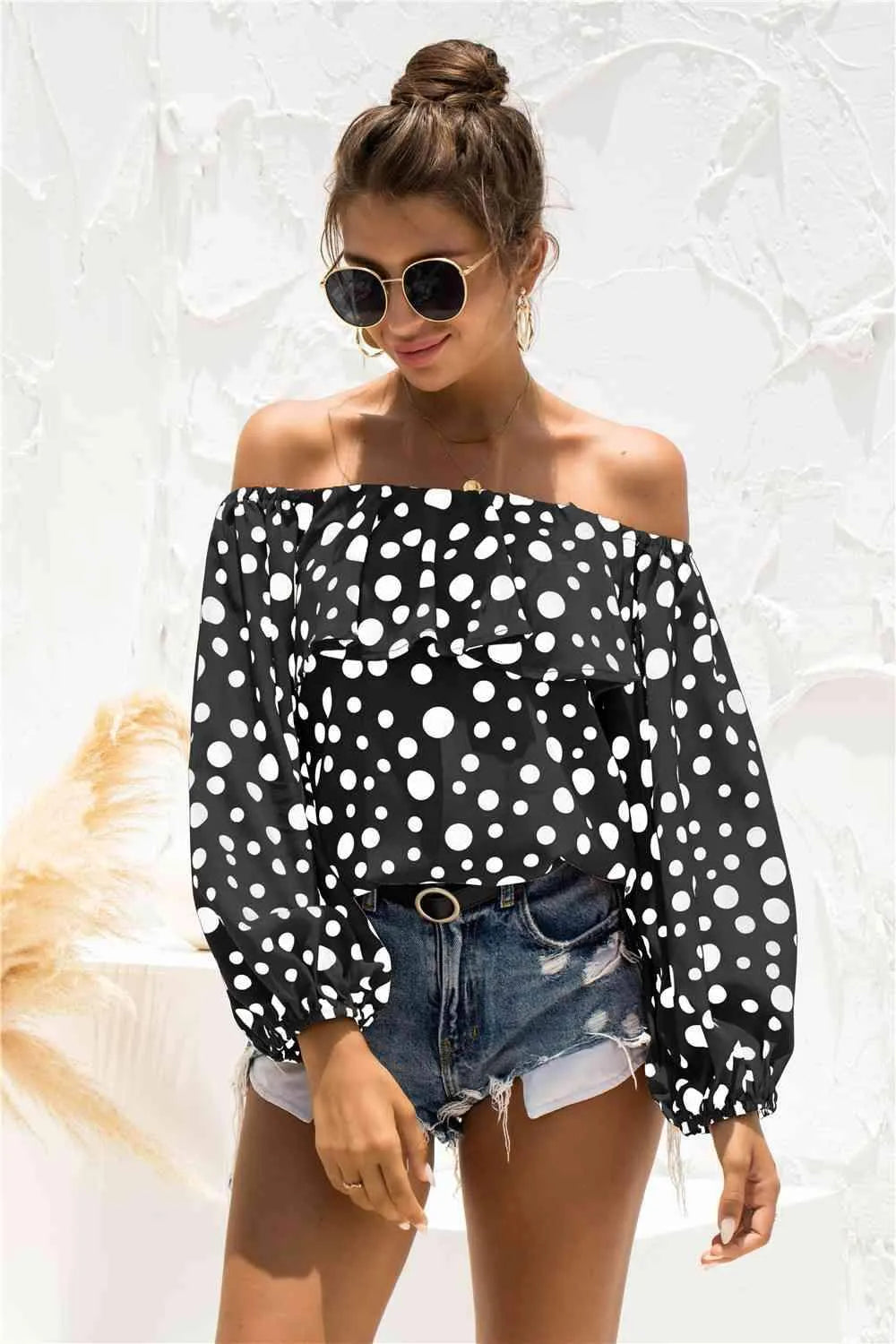Polka Dot Off-Shoulder Layered Blouse Blouses - Tophatter Daily Deals